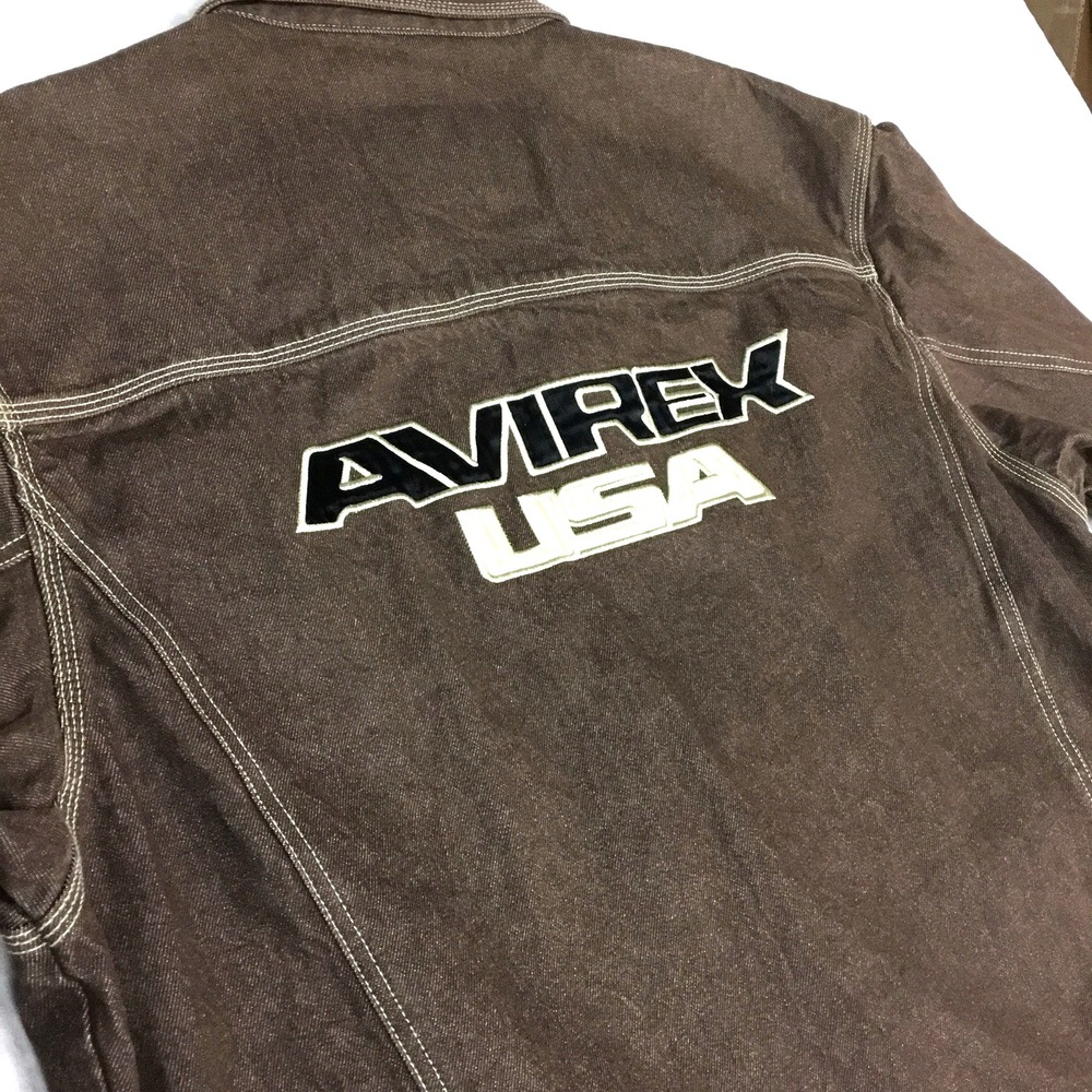 Avirex USA Mens XXL Brown Cotton Denim Trucker Jacket Embroidered Logo Vintage - Picture 12 of 13